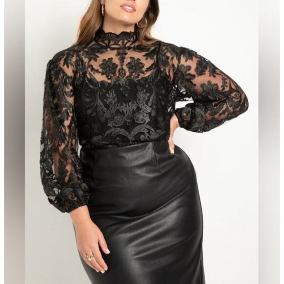 Eloquii Tops - Eloquii x Retta Black Lace Top Womens 14 Sheer High Neck Long Sleeve Victorian
